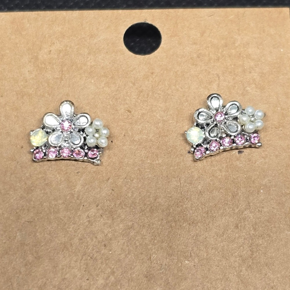 Silver Tone Crown Tiara Stud Earrings Pink Rhinestones Faux Pearl Princess Style